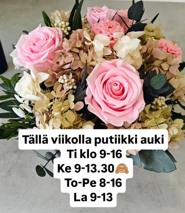 Tällä viikolla putiikki auki
Ti klo 9-16
Ke 9-13.30🙈
To-Pe 8-16
La 9-13